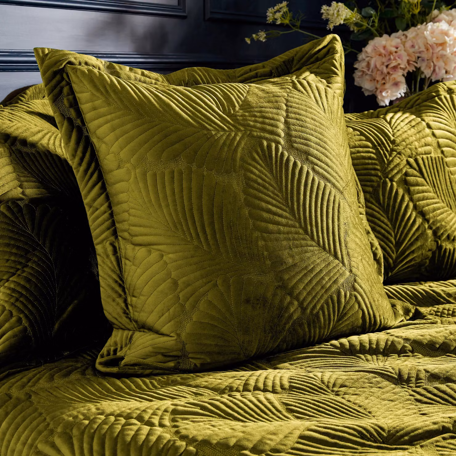 Paoletti Palmeria Quilted Velvet Duvet Cover and Pillowcase Set in Green – 3