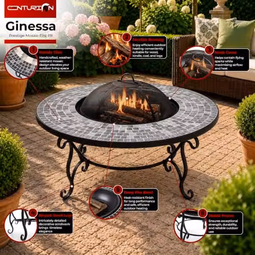 Centurion Supports Fireology Ginessa Garden Fire Pit Brazier and Coffee Table with Mosaic Ceramic Tiles in Grey and Black – 3