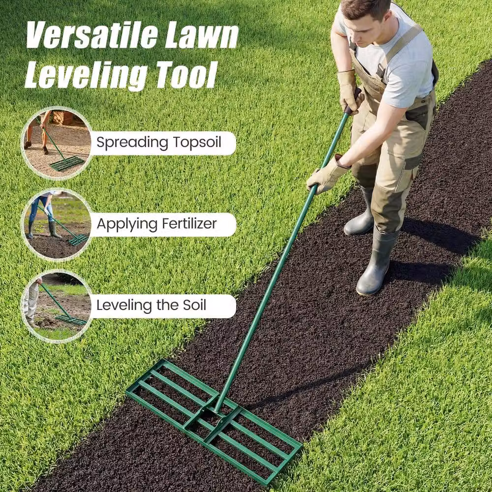 Costway Heavy-Duty Metal Lawn Leveling Rake with Adjustable Handle in Green – 7