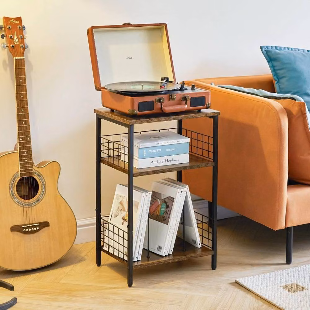 FORGEVIO 3 Tier Vintage End Table and Record Player Stand, Brown, W: 40 cm, D: 29 cm, H: 62.5 cm – 4