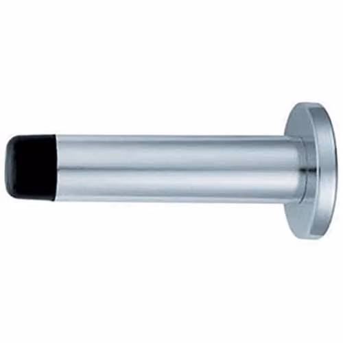 Loops Wall Mounted Cylinder Doorstop on Round Rose in Polished Silver Aluminium, H 72 mm x W 16 mm
