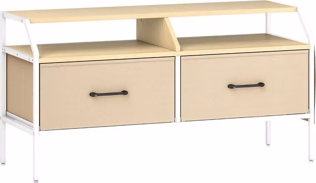 HOMCOM TV Stand Cabinet in Natural Wood Finish for up to 55-inch TVs with 2 Fabric Drawers and 5 Side Pockets
