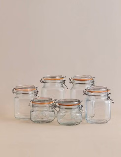 Kilner Set of 6 Leakproof Square Clip Top Pantry Jars in Clear Glass with Stainless Steel
