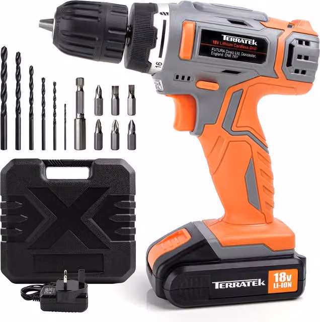 Terratek Cordless Drill Driver Kit with Rechargeable Battery, Grey and Orange, W/D/H: 6.5 x 19 x 21 cm
