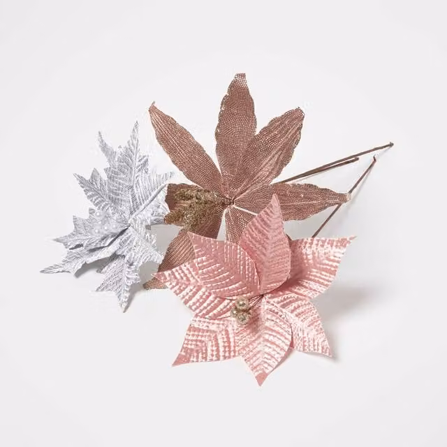Homescapes Set of 3 Pink Poinsettia Artificial Single Stem Floral Decorations