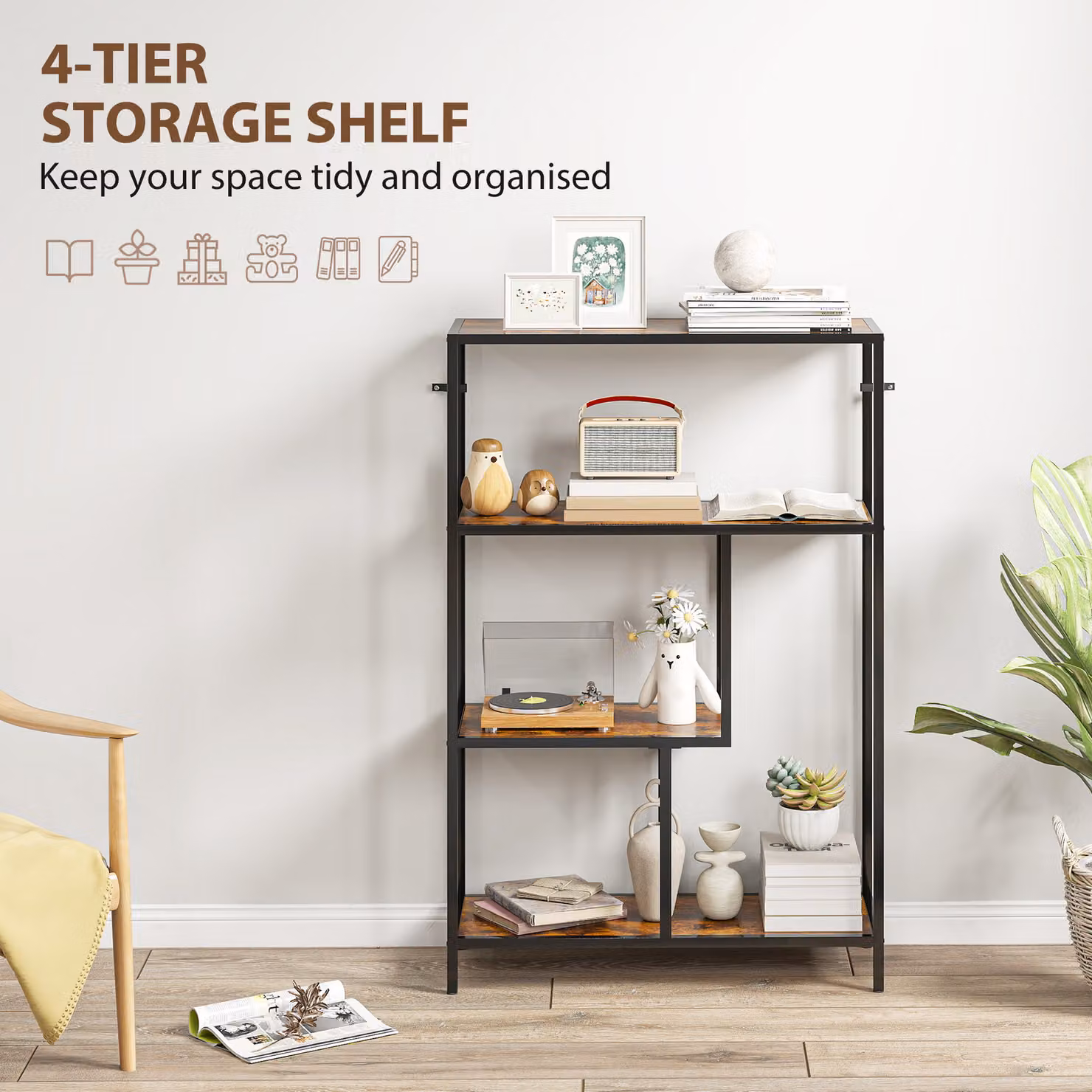 HOMCOM 4-Tier Industrial Bookshelf with Open Shelves in Brown and Black – 3