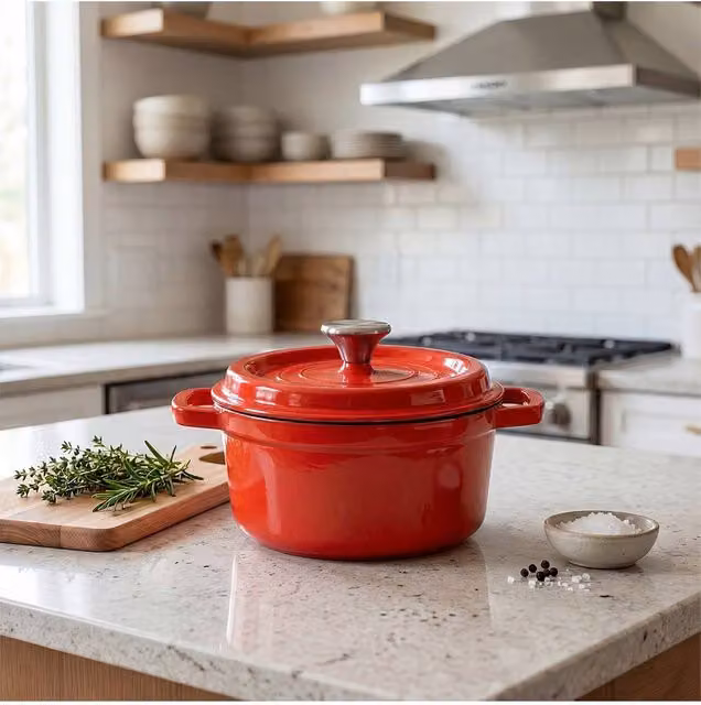 Living and Home Red Enamelled Cast Iron Dutch Oven Casserole Pot with Glass Lid, 5 L