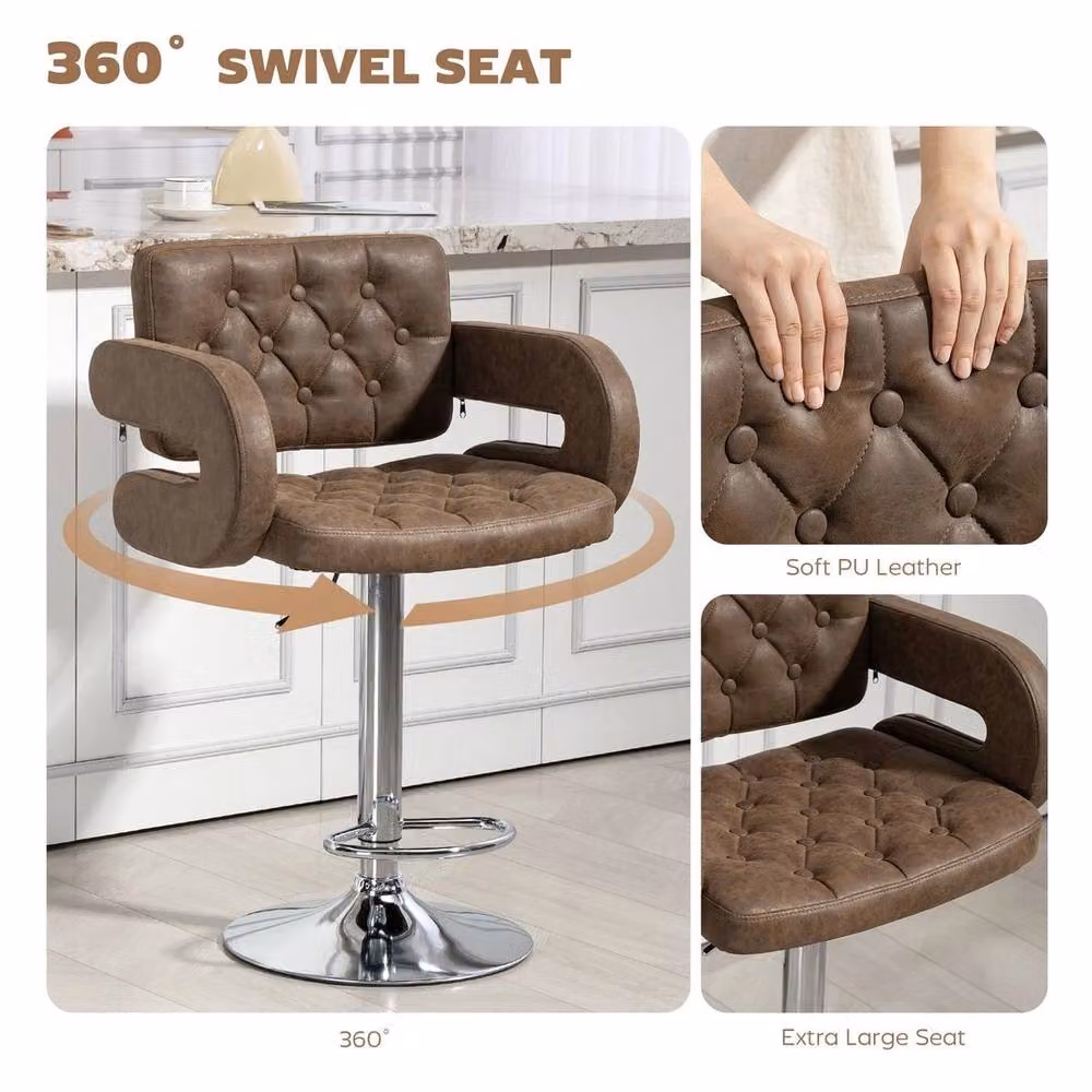 EONLION Modern Brown Synthetic Leather and Metal Adjustable Height Swivel Barstool with Armrests – 4