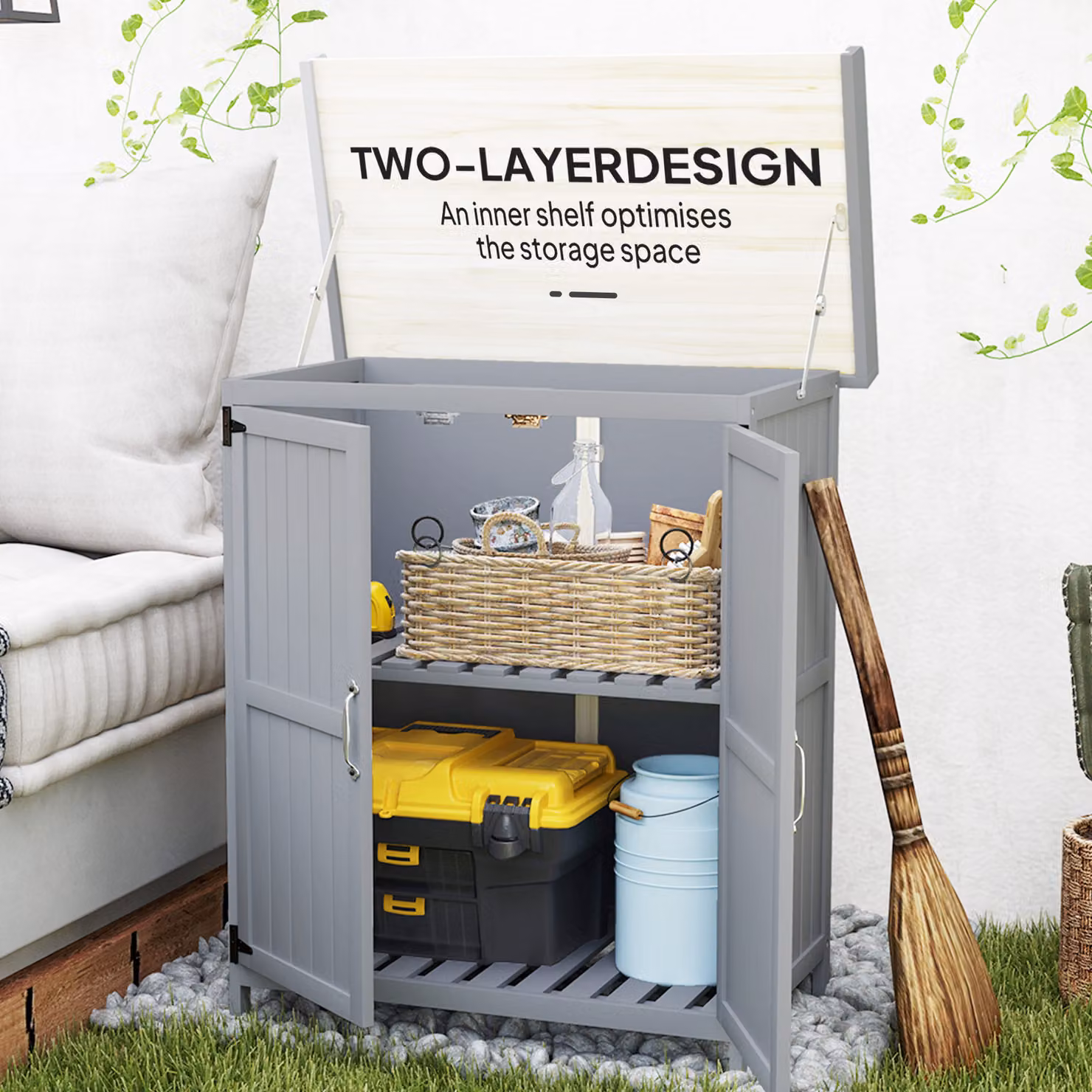 Outsunny Grey Wooden Garden Storage Shed with Double Doors and Shelving, W/D/H: 88.0 x 67.0 x 40.0 cm – 3