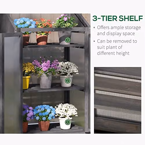 Outsunny Wooden Cold Frame Polycarbonate Greenhouse in Grey, W/D/H: 70 x 50 x 120 cm – 4