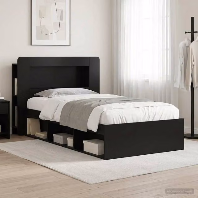 Berkfield Home Modern Bed Frame with Storage Drawers in Black, Engineered Wood, W/D/H: 90 x 200 cm