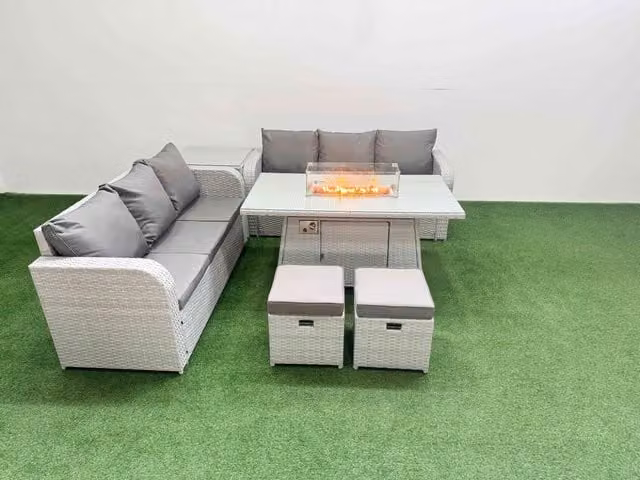 Fimous 8 Seater Grey Wicker Rattan Garden Furniture Set with Firepit Dining Table, High Back Lounge Sofas, Stools and Side Table