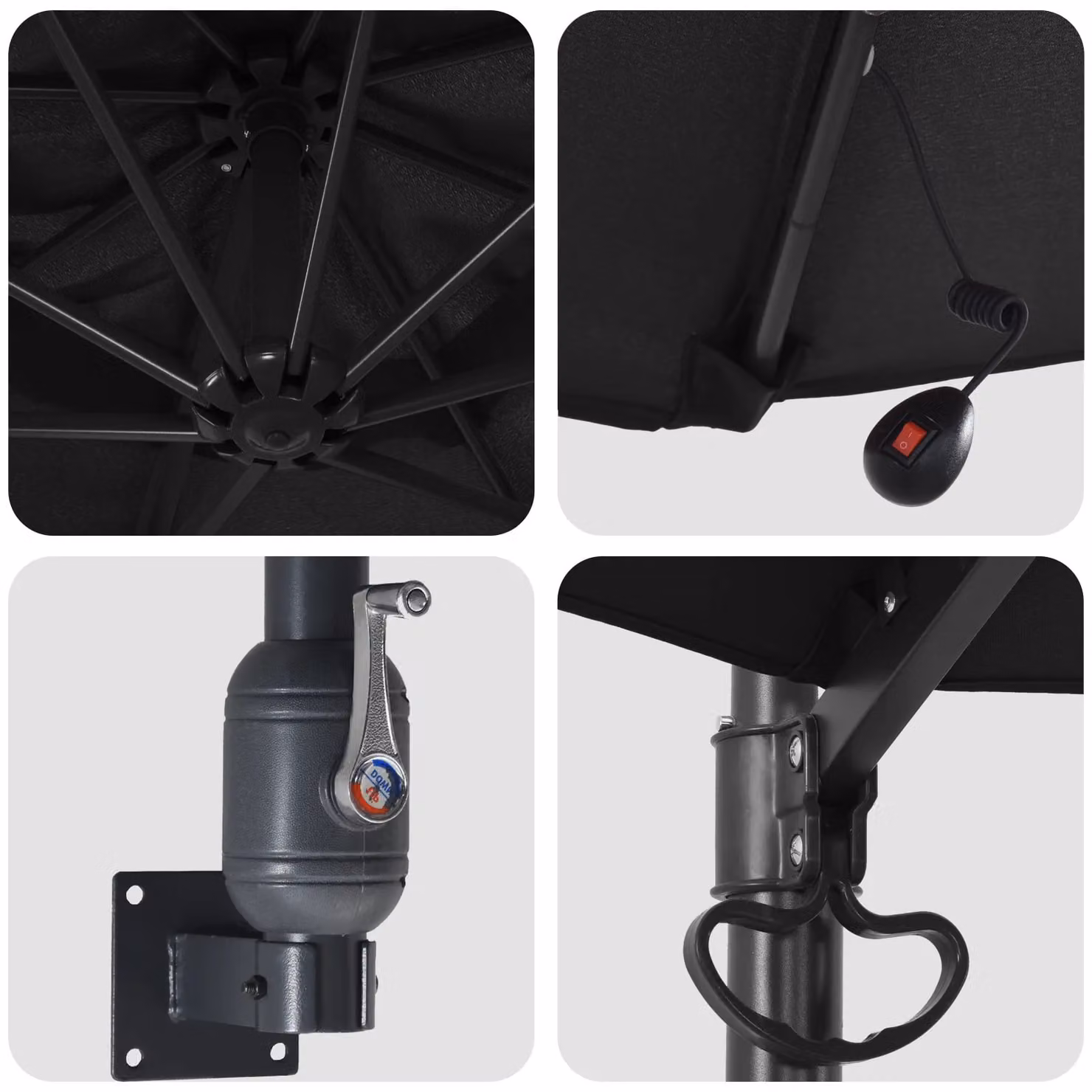Berkfield Home Wall-mounted Garden Parasol with LEDs in Black, Diameter: 248 cm – 4