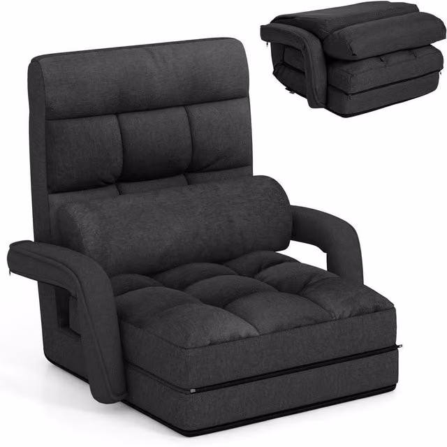 KORVIXA Adjustable Folding Lazy Sofa Floor Chair with Pillow in Dark Grey, W/D/H: 100 x 100 x 100 cm – 1