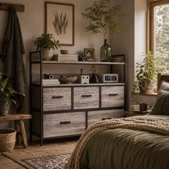 Wyld Haus Rimo Grey Wood Effect 5 Drawer Fabric Storage Chest