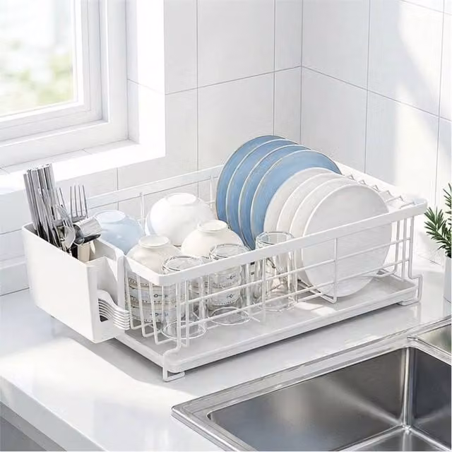 FLAVORA White Coated Steel Dish Drying Rack with Drip Tray and Cutlery Holder