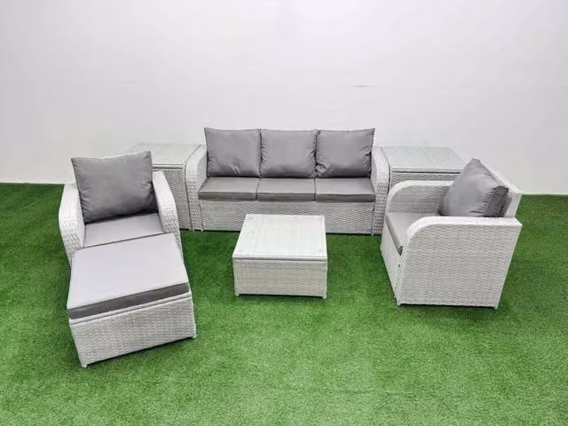 Fimous PE Rattan Garden Furniture Set in Light Grey with 3-Seater Sofa, Reclining Chairs, Coffee Table, Side Tables and Ottoman