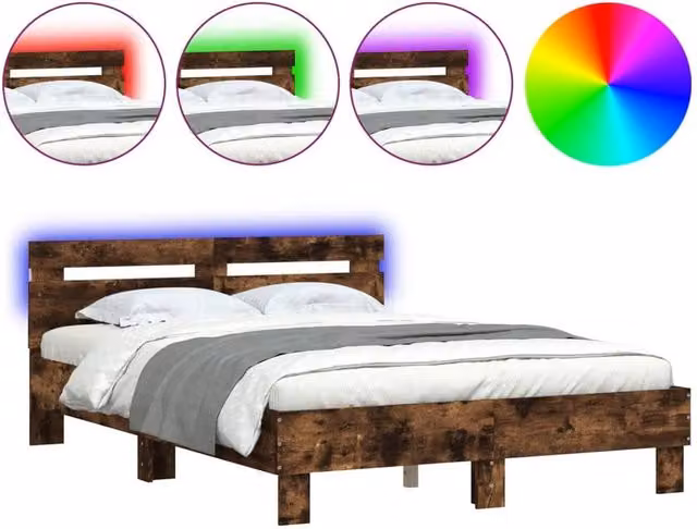 Berkfield Home Modern Small Double Bed Frame with LED Lighting and USB Charging Port in Smoked Oak Brown, W/D/H: 120 x 200 cm – 1