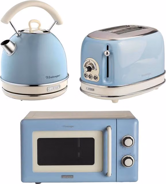 Ariete Vintage Blue Kettle, 2 Slice Toaster and Microwave Set