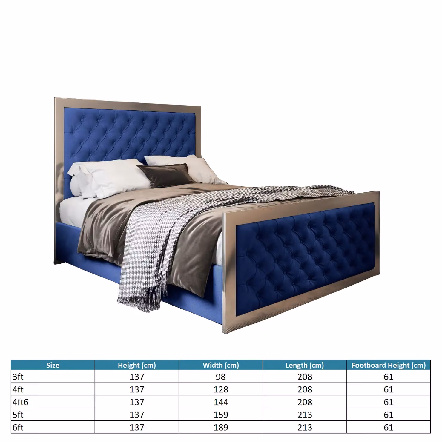 Casani Blue Velvet Upholstered Metal Bed Frame W/D/H: 120 x 200 x 128 cm – 5