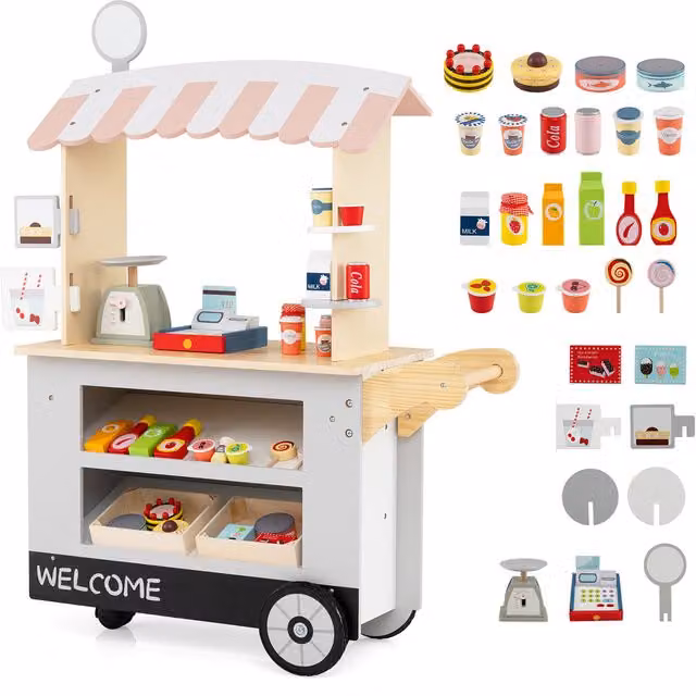 COSTWAY Wooden Toy Cart Play Set in Grey