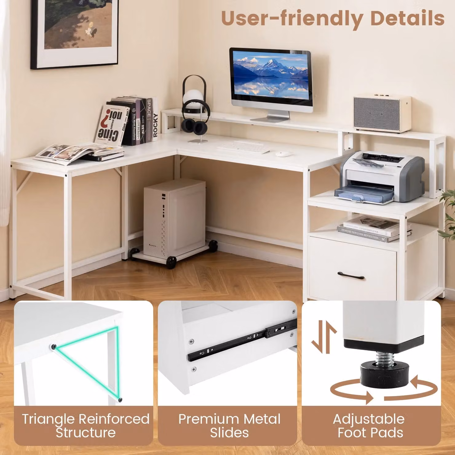 Gymax L-shaped Corner Desk with File Drawer and Power Outlet in White – 5