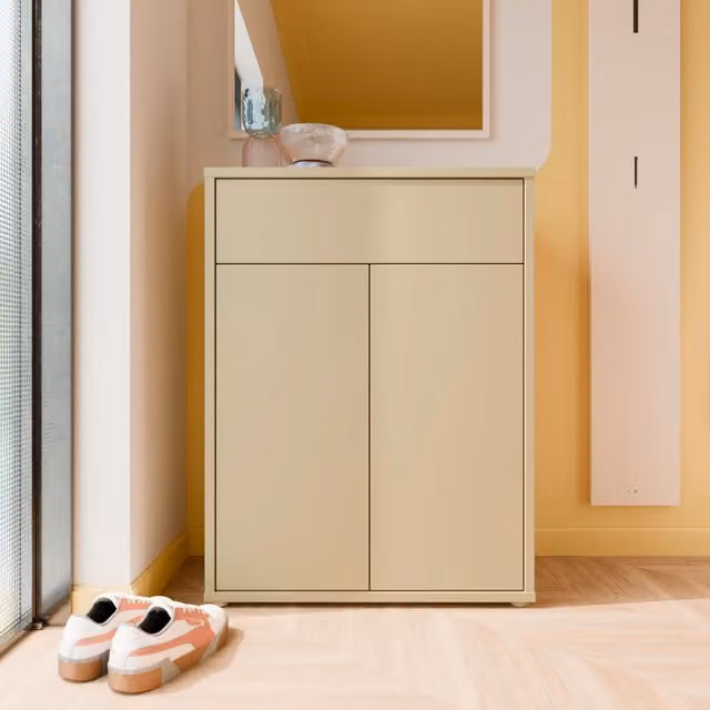 Furniture To Go Alice Springs Modern Shoe Cabinet with 2 Push-to-Open Doors and 1 Drawer in Light Grey and Butter Yellow