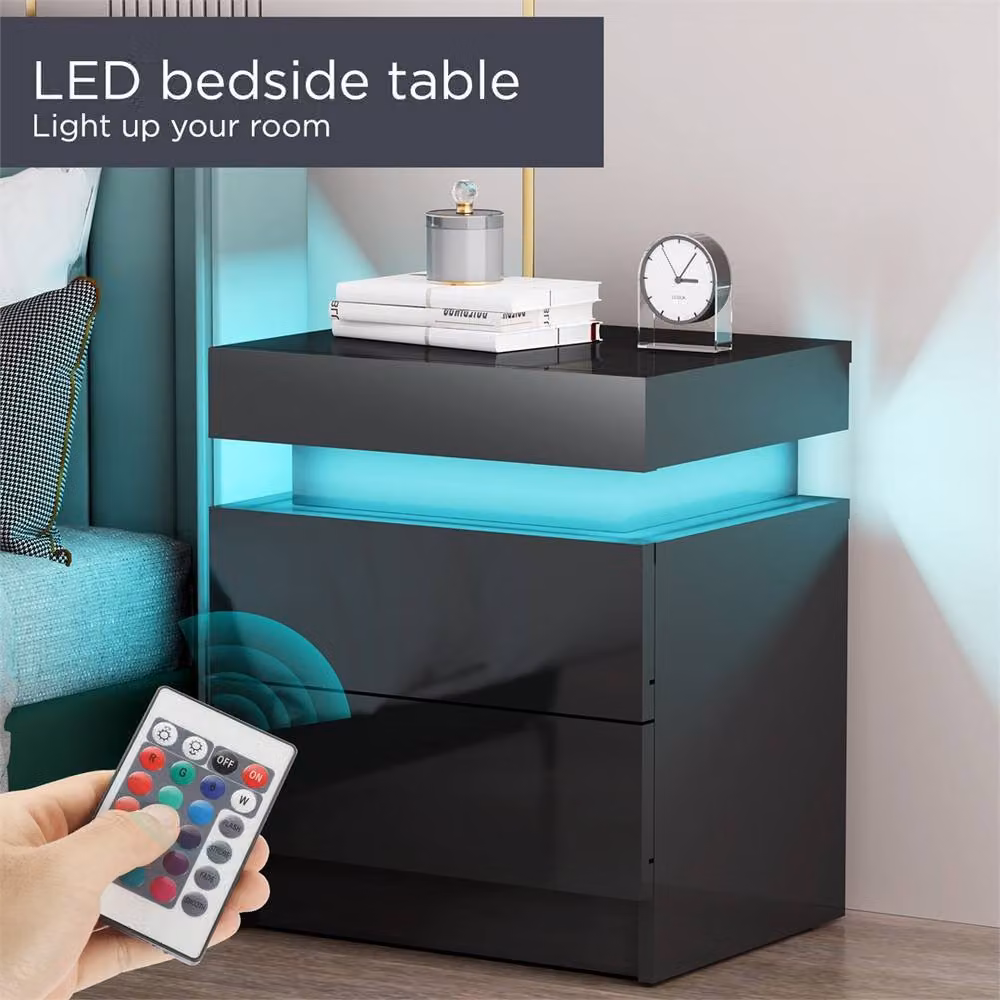 FORGEVIO RGB LED Bedside Nightstand with 2 Drawers, Black – 3