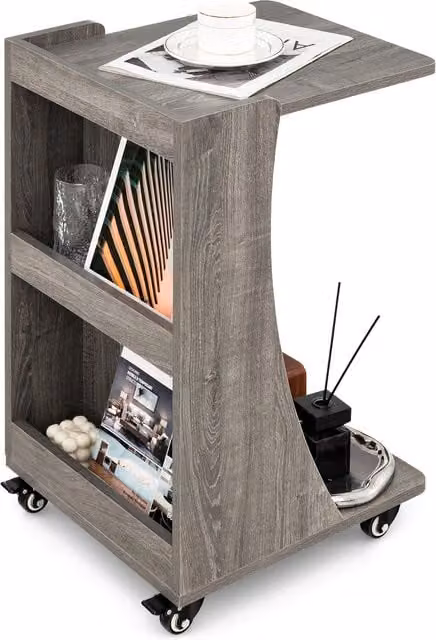 COSTWAY Modern C Shaped End Table in Grey with Castors and MDF Laminate Finish