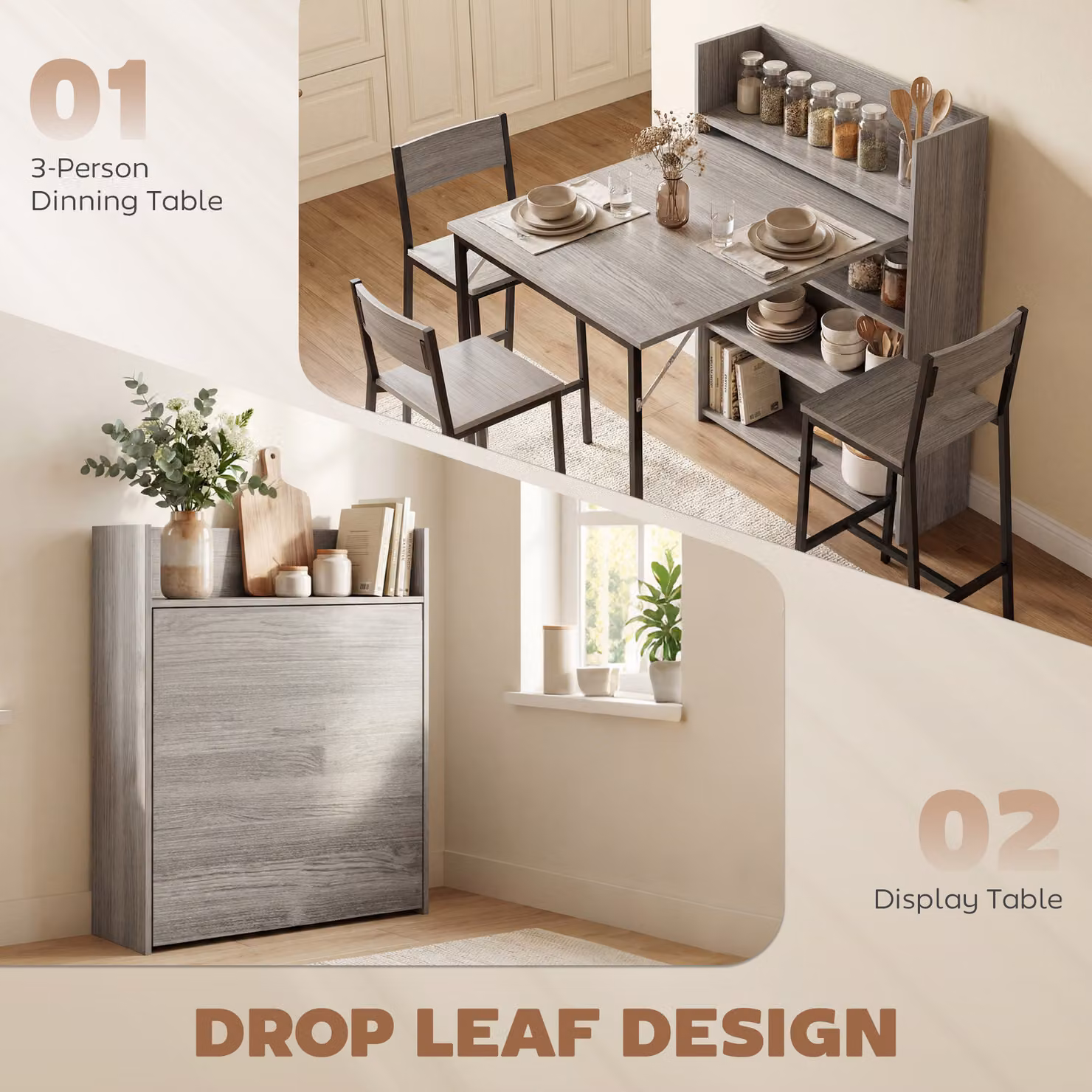 HOMCOM Modern Grey Wood Effect Folding Dining Table with 4-Tier Shelves and Butterfly Drop-Leaf Design – 4