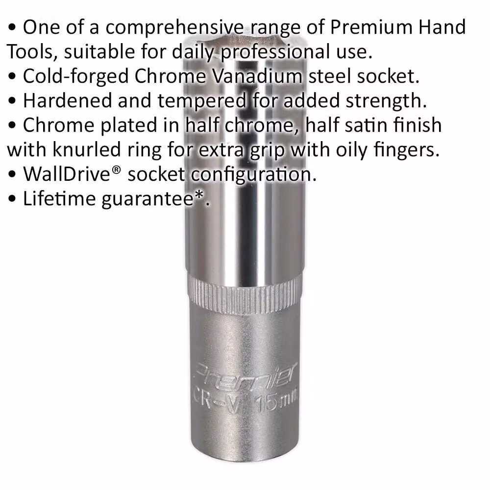Loops 15mm Steel Deep Drive Socket, 1/2 inch Square Drive, Chrome Vanadium, Silver – 2