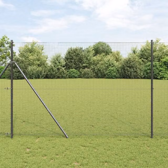 Berkfield Home Grey Galvanised Steel Welded Wire Fence with 13 Round Posts, W: 25 m, H: 1.5 m – 1