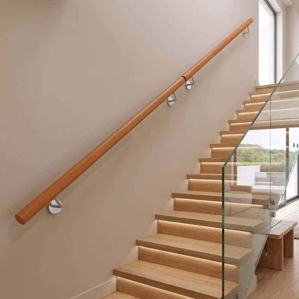 Gymax Beech Wood Staircase Handrail with Stainless Steel Wall Mount, Brown, Length: 100 cm – 3