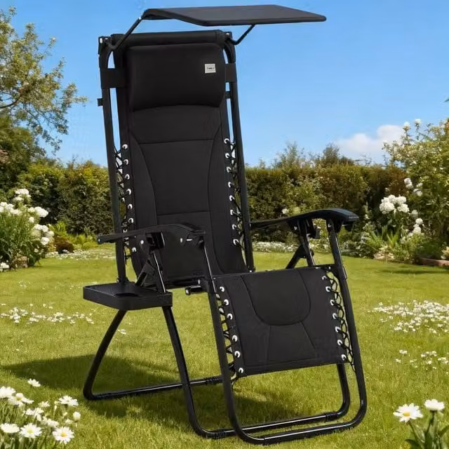 ERGOVEXA Zero Gravity Lounger Chair in Black with Sun Canopy, Adjustable Headrest and Side Tray