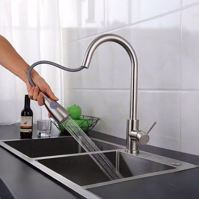 INMTFEI Stainless Steel Kitchen Mixer Tap with Dual Spray and Pull-Out Spout in Brushed Nickel Silver