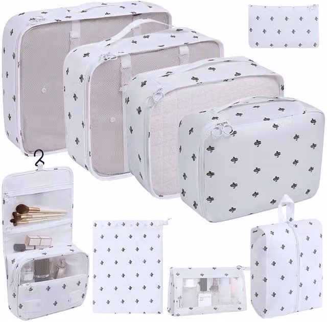 Leaper 9-Piece White Mesh Fabric Cosmetic and Outdoor Luggage Storage Bag Set