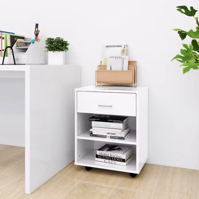 Berkfield Home Rolling Cabinet in High Gloss White, W/D/H: 46 x 36 x 59 cm