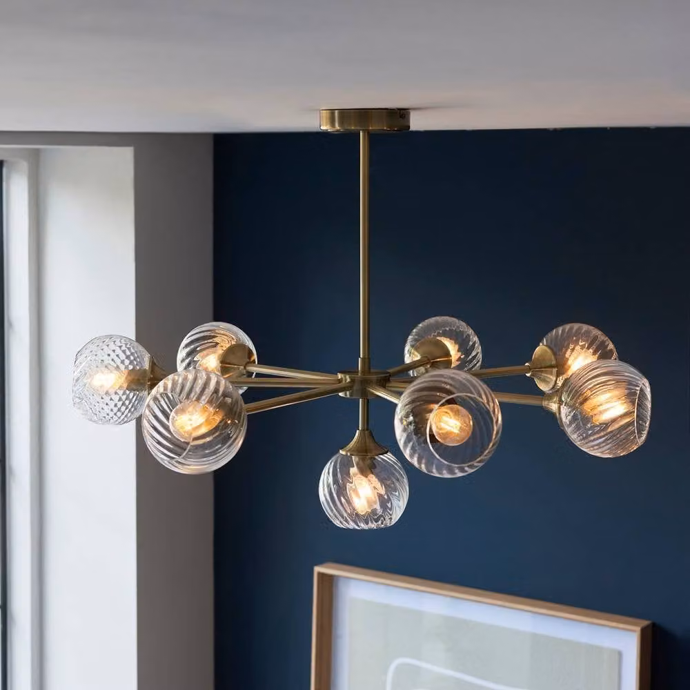 Netlighting Allegra 8 Light Multi Arm Ceiling Pendant with Transparent Glass Shades in Gold and Antique Brass – 2
