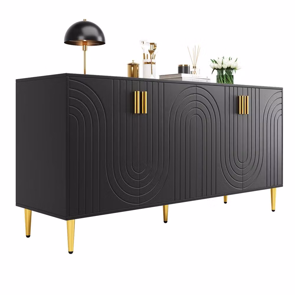 ModernLuxe Black 4-Door Sideboard with Geometric Wave Design, W: 150 cm, D: 40 cm, H: 75 cm – 6