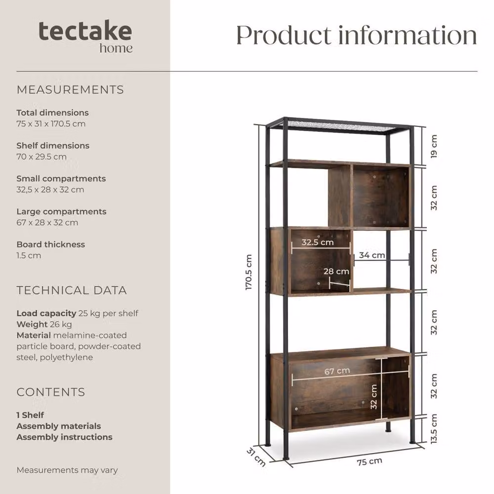 tectake Hastings Free Standing Shelf with 5 Tiers and 3 Storage Compartments in Brown – 6