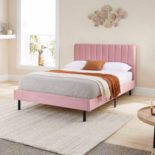 Aspire Rosella Pink Velvet Upholstered Bed, W/D/H: 180 x 200 cm