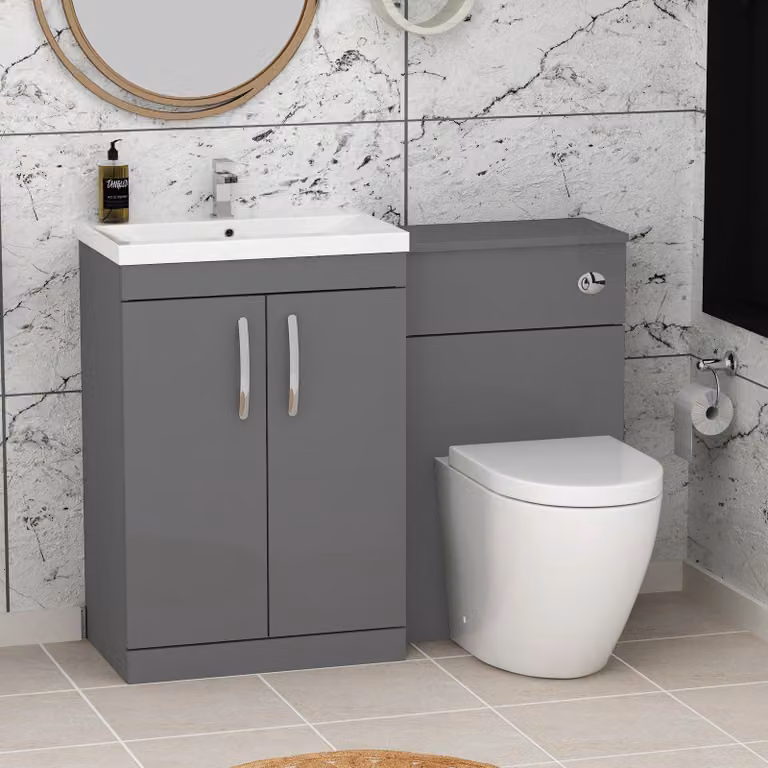 Royal Bathrooms Indigo Grey Gloss 2 Door Bathroom Furniture Pack with Mid Edge Sink and Elva Back to Wall Toilet Pan, W: 110 cm