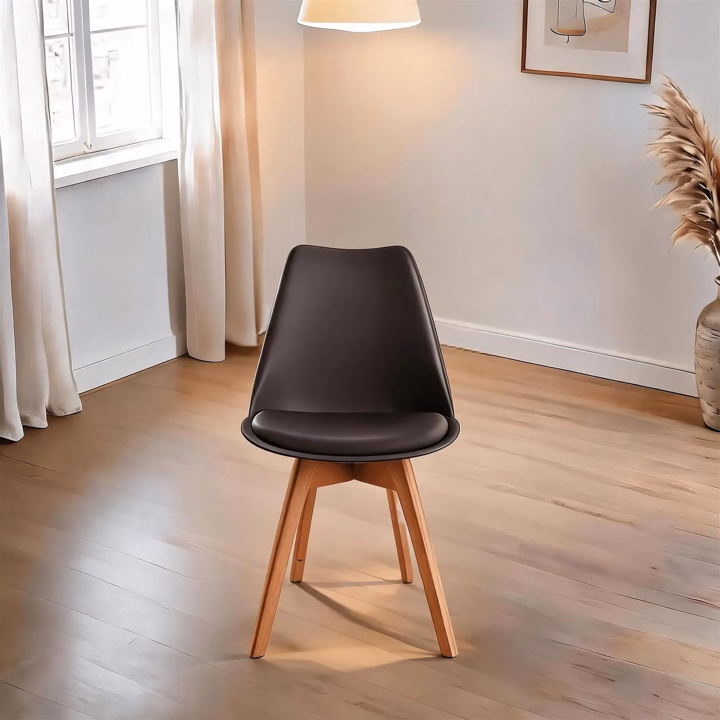 Home Source Pair of Tulip Dining Chairs with Grey Faux Leather Seats and Solid Wood Legs – 1