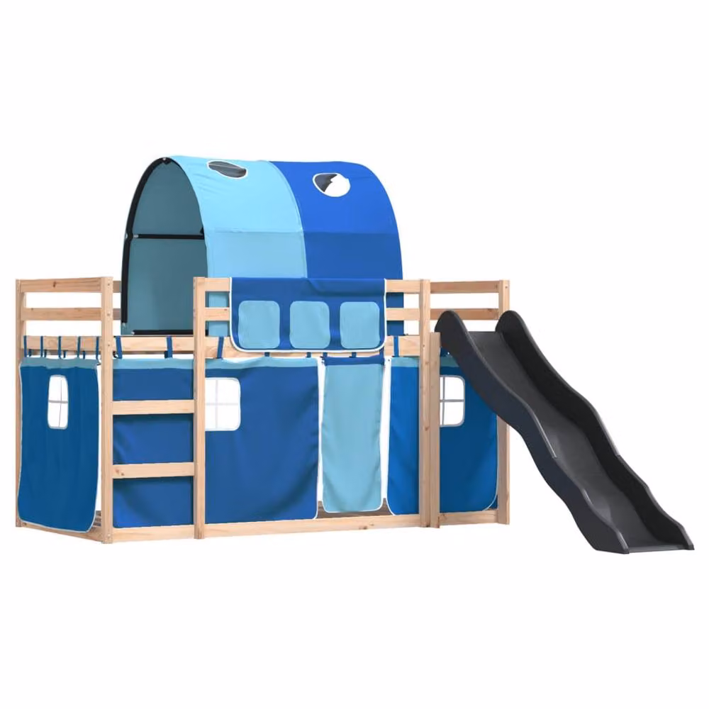 Berkfield Home Blue Pine Wood Childrens Bunk Bed with Slide and Curtains W/D/H: 80 x 200 cm – 3