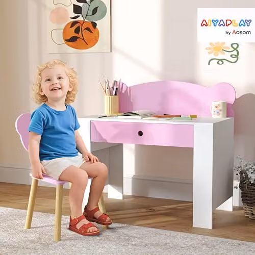 AIYAPLAY Kids Desk and Chair Set in Pink with Bear Theme – 2