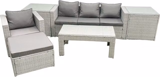 Fimous 5 Seater Rattan Garden Furniture Set in Light Grey with Grey Cushions, 3 Seater Sofa, Armchair, Ottoman and Coffee Table
