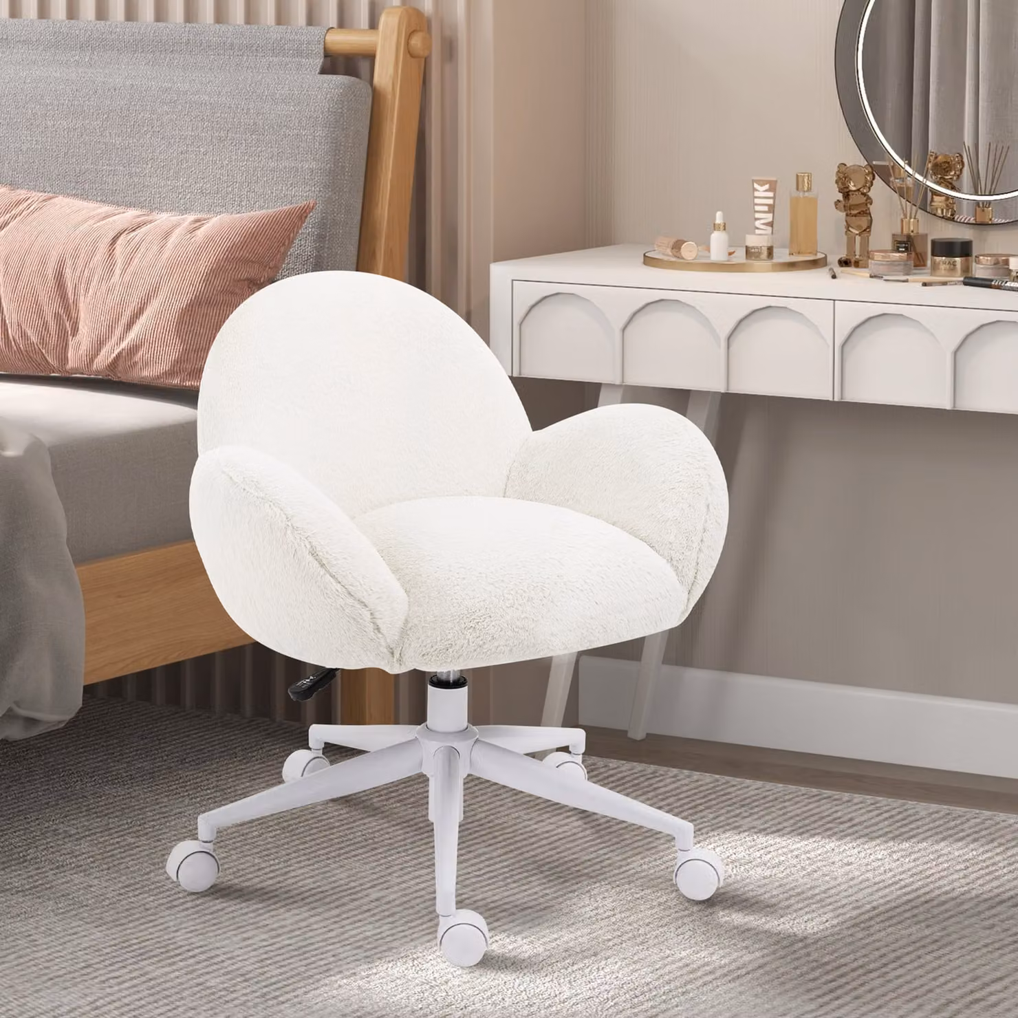 HOMCOM White Bouclé Makeup Vanity Chair with Castors and Armrests – 2