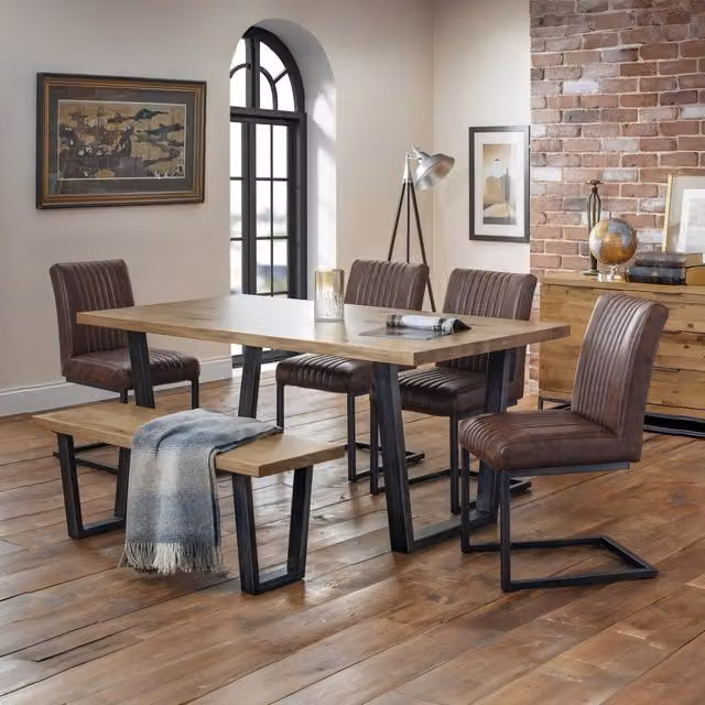 Julian Bowen Brooklyn Oak Industrial Rectangular Dining Set in Brown, including 1 Table, 1 Bench and 4 Chairs