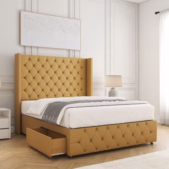 BSSPOKE Ruby Divan Bed with 54 inch Headboard and 2 Drawers in Yellow Plush Velvet, Super King, W/D/H: 200 x 163 x 30.48 cm