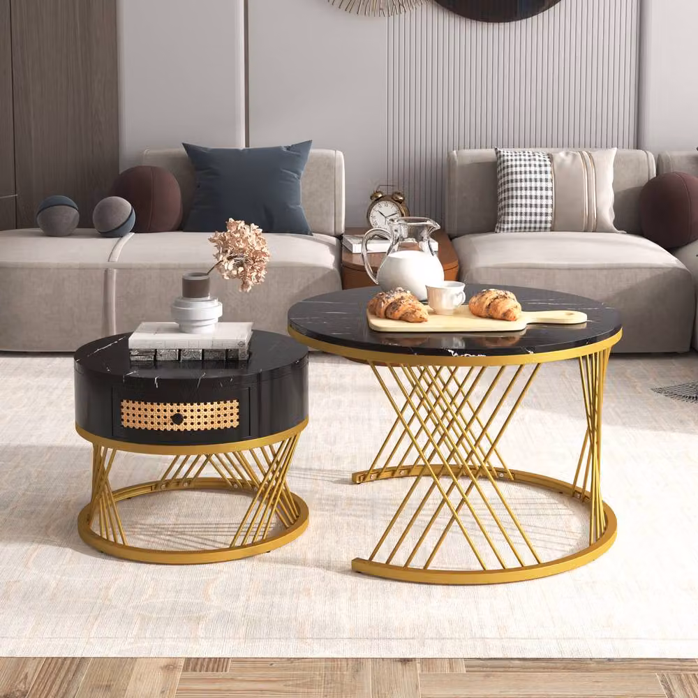 Merax 2 Piece Round Marble Effect Coffee Table Set with Drawer in Black and Gold – 6